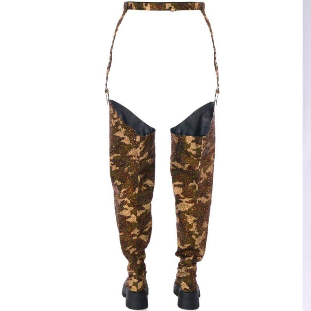 Callie Lives MIZ Azalea Wang PopOut Rhinestone Camo Chap Flat ThighHigh Boot 8.5 - Picture 7 of 8